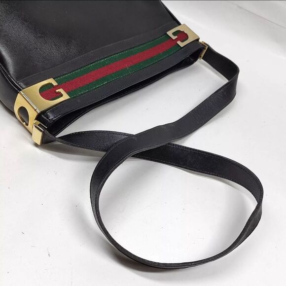 Auth Old Vintage Gucci Black Polished Leather Sherry Line Web Shoulder Bag - Picture 4 of 9